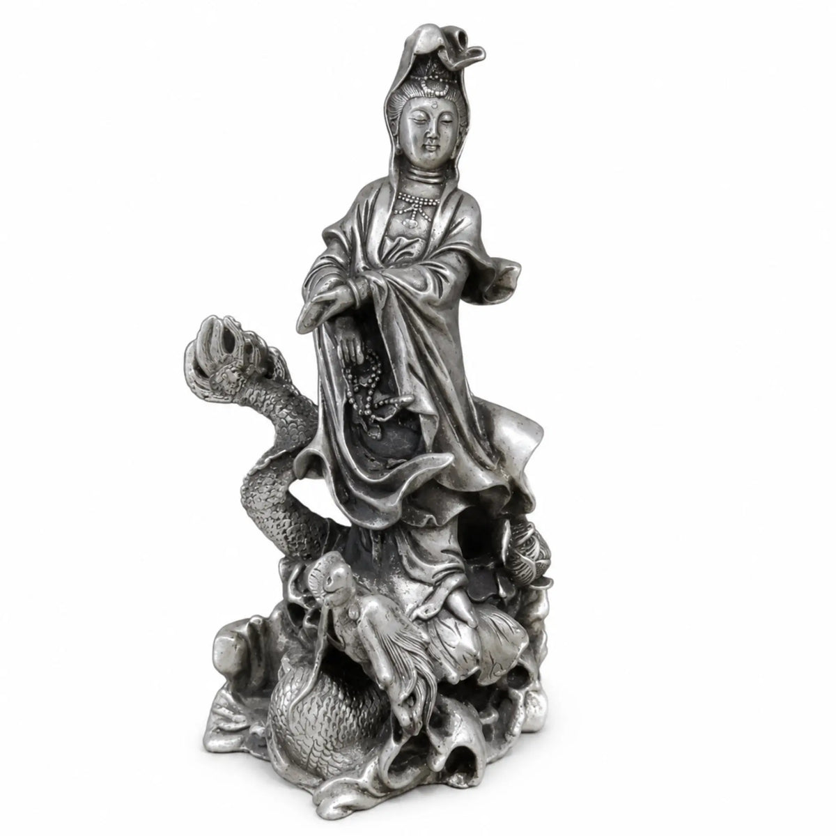 Statue Guanyin sur Dragon en Cuivre Blanc Sculptures et statues La Maison de Bouddha