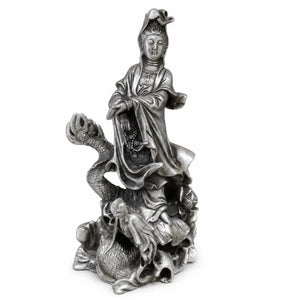 Statue Guanyin sur Dragon en Cuivre Blanc Sculptures et statues La Maison de Bouddha