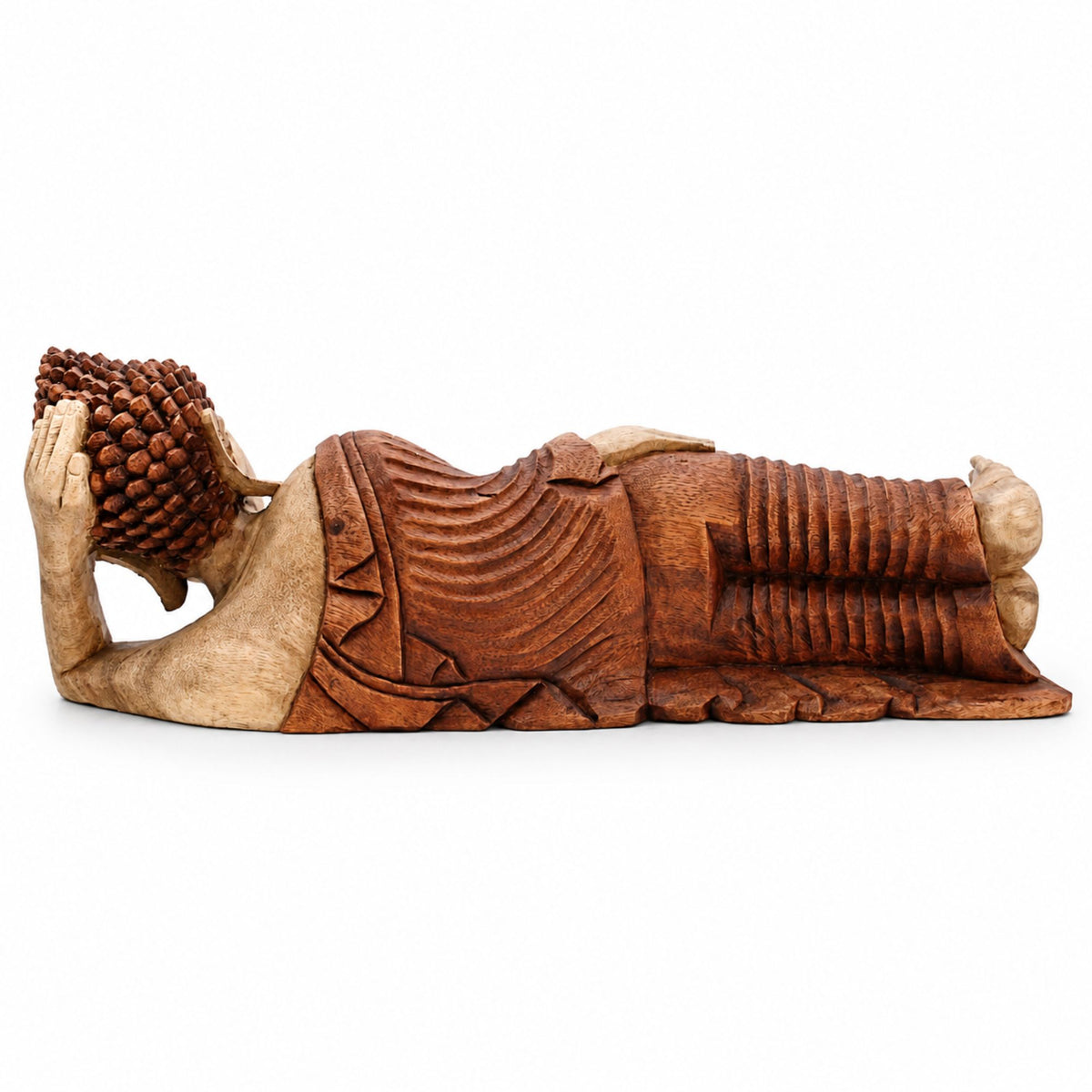 Vue arrière de la statue Bouddha allongé en bois de Suar sculptée à la main de 50 cm