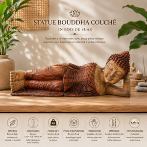 Dimensions et caractéristiques de la statue Bouddha allongé en bois de Suar sculptée à la main de 50 cm