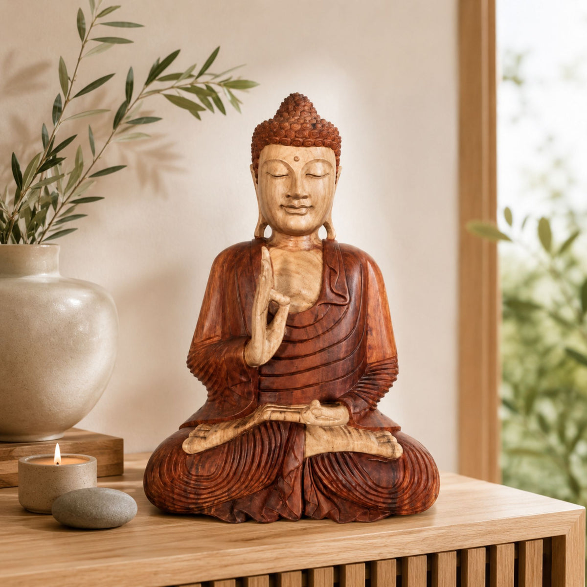 Statue Bouddha assis Vitarka Mudra en bois de Suar sculptée à la main de 60 cm dans une décoration intérieure