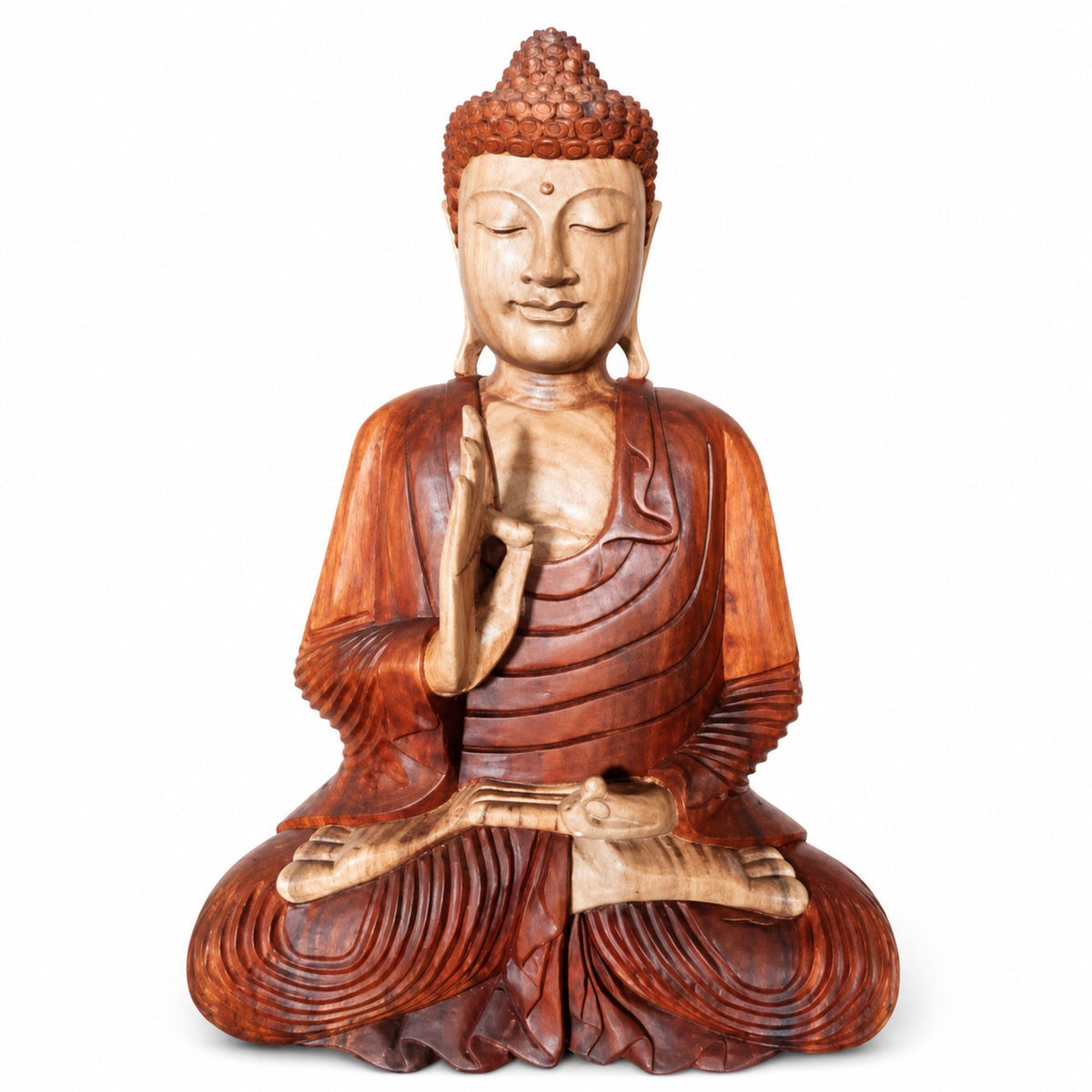 Statue Bouddha Assis en Bois de Suar Sculptée à la Main – 60 cm