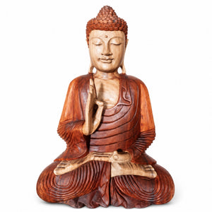 Statue Bouddha Assis en Bois de Suar Sculptée à la Main – 60 cm