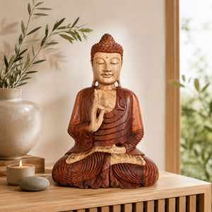 Statue Bouddha assis Vitarka Mudra en bois de Suar sculptée à la main de 60 cm dans une décoration intérieure