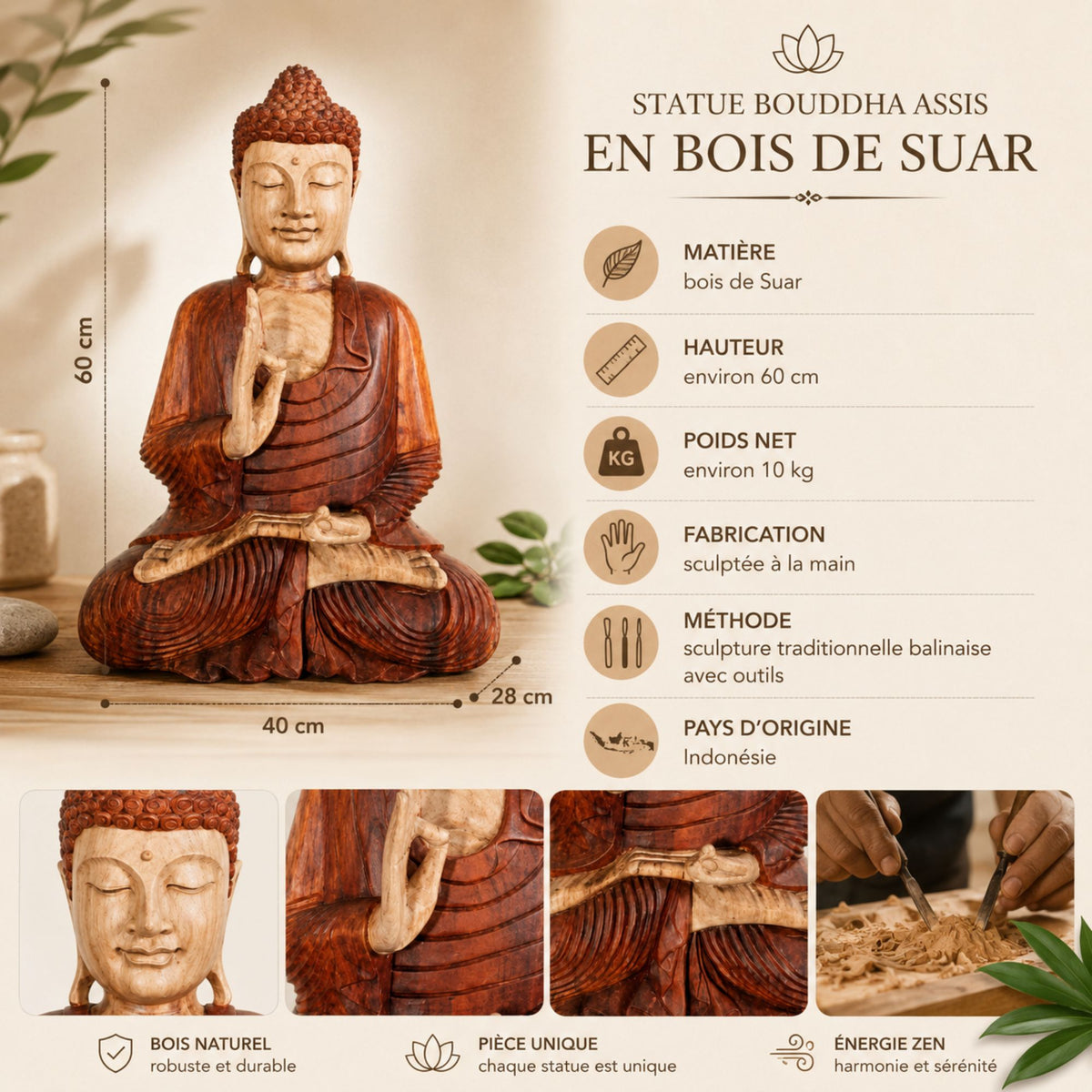 Dimensions et caractéristiques de la statue Bouddha assis Vitarka Mudra en bois de Suar sculptée à la main de 60 cm