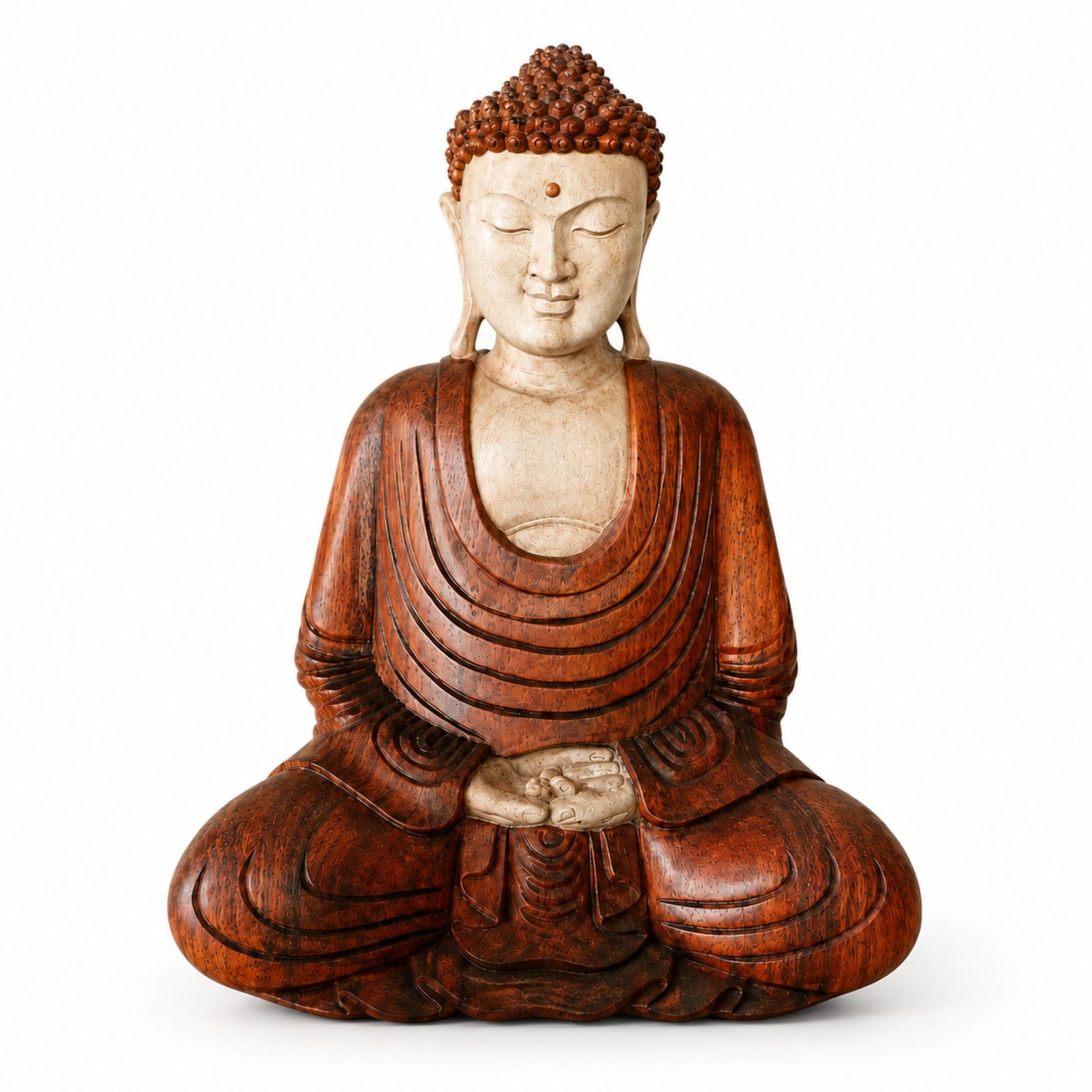 Statue Bouddha assis en méditation en bois de Suar sculptée à la main de 40 cm sur fond blanc