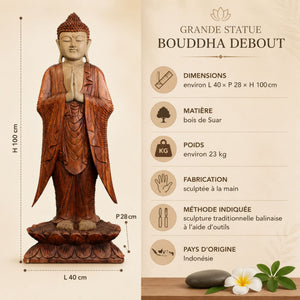 Dimensions et caractéristiques de la statue Bouddha debout Namasté en bois de Suar de 100 cm
