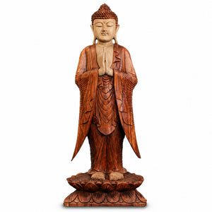 Statue Bouddha debout Namasté en bois de Suar sculptée à la main de 100 cm sur fond blanc