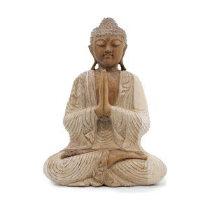 Statue Bouddha Namasté aux mains jointes en bois de Suar – 40 cm