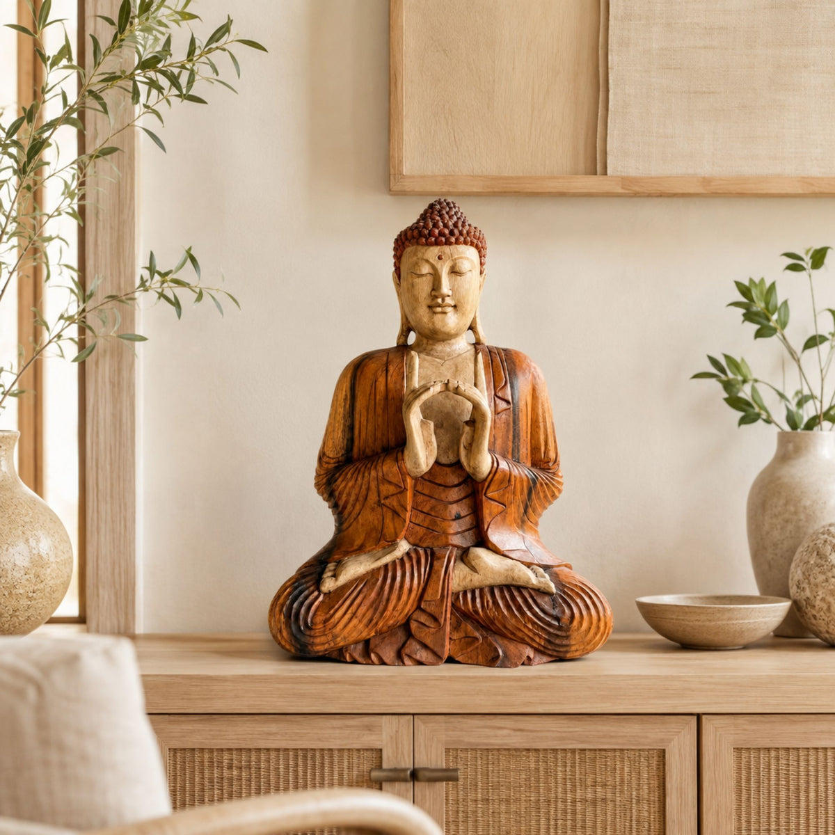 Statue Bouddha assis en bois de Suar sculptée à la main de 60 cm sur fond blanc