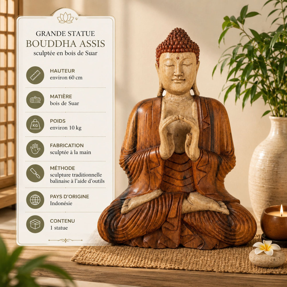 Dimensions et caractéristiques de la statue Bouddha assis en bois de Suar sculptée à la main de 60 cm