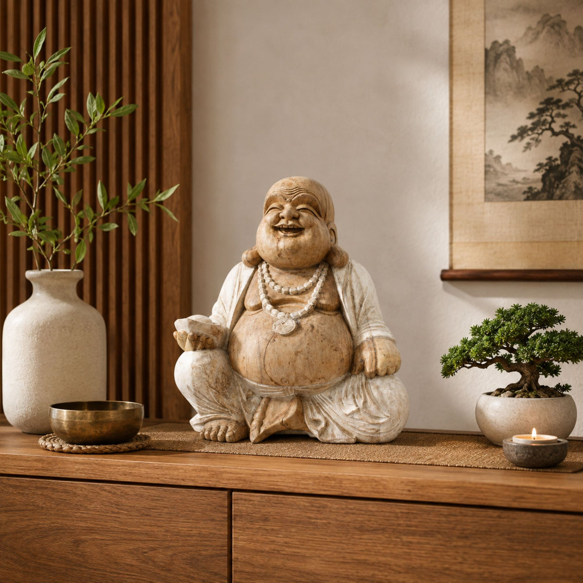 Statue Budai en bois de Suar blanchi présentée dans une décoration intérieure