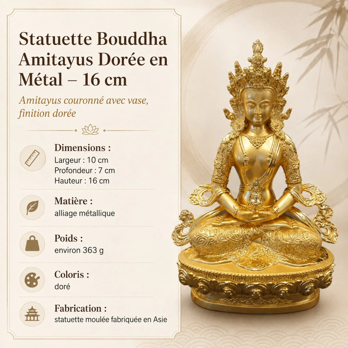 Statuette Bouddha Amitayus Dorée en Métal – 16 cm  La Maison de Bouddha