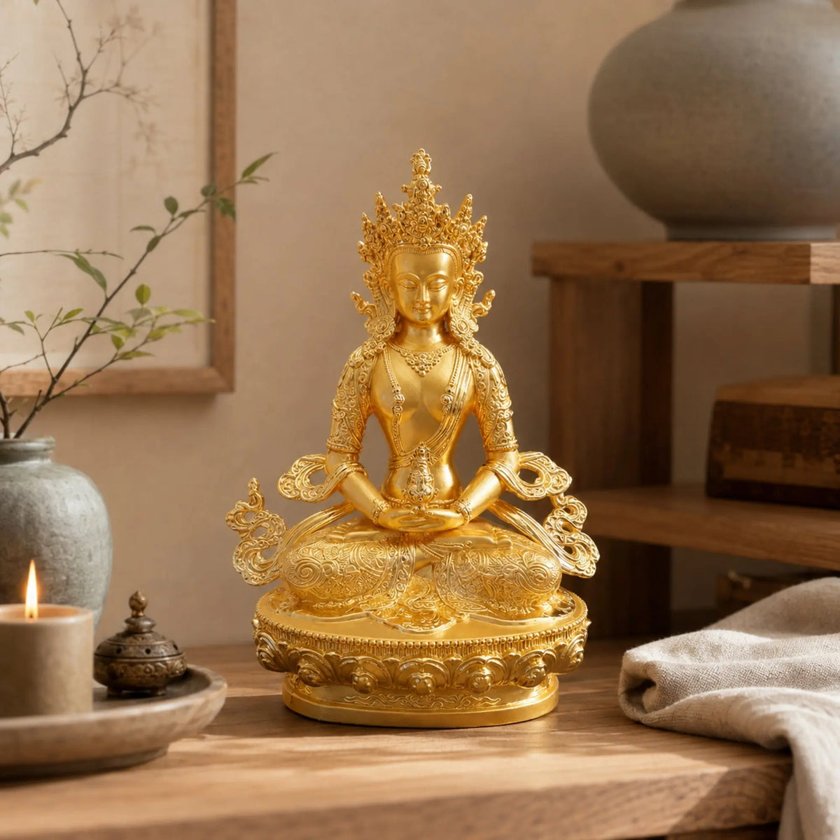 Statuette Bouddha Amitayus Dorée en Métal – 16 cm  La Maison de Bouddha