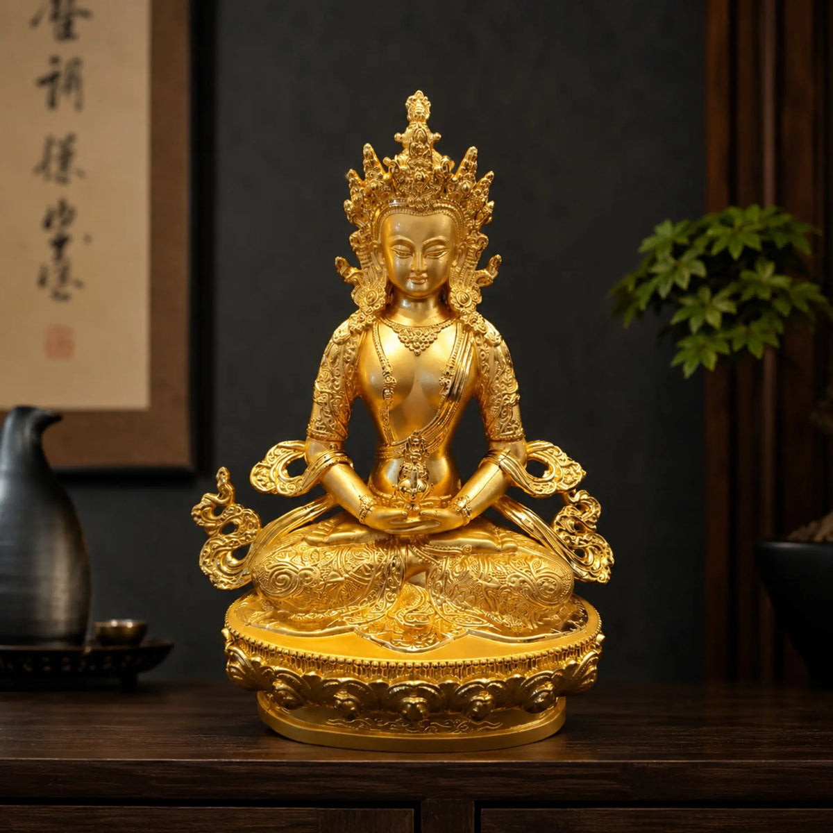 Statuette Bouddha Amitayus Dorée en Métal – 16 cm  La Maison de Bouddha