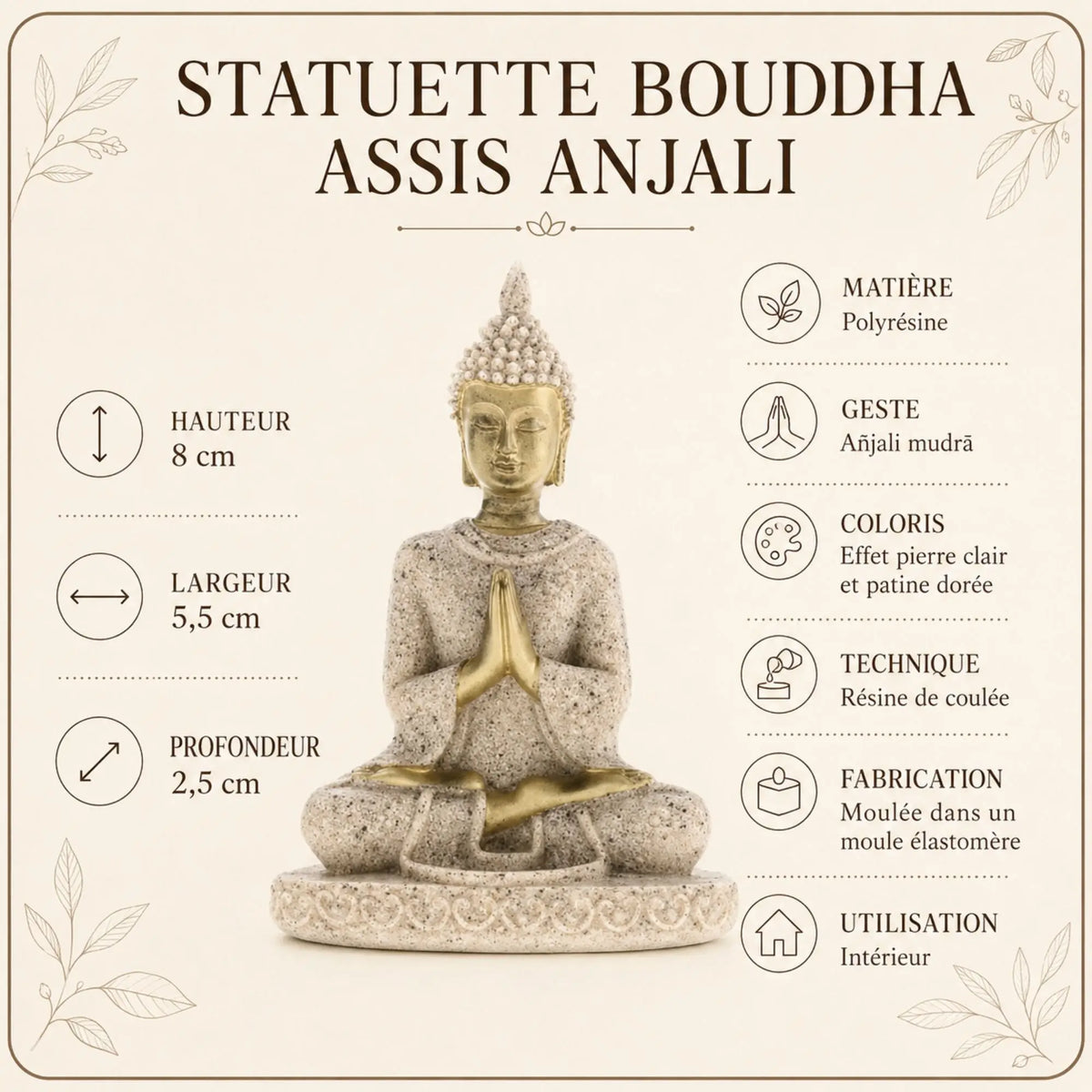 Statuette Bouddha Assis Anjali en Résine Effet Pierre – 8 cm  La Maison de Bouddha