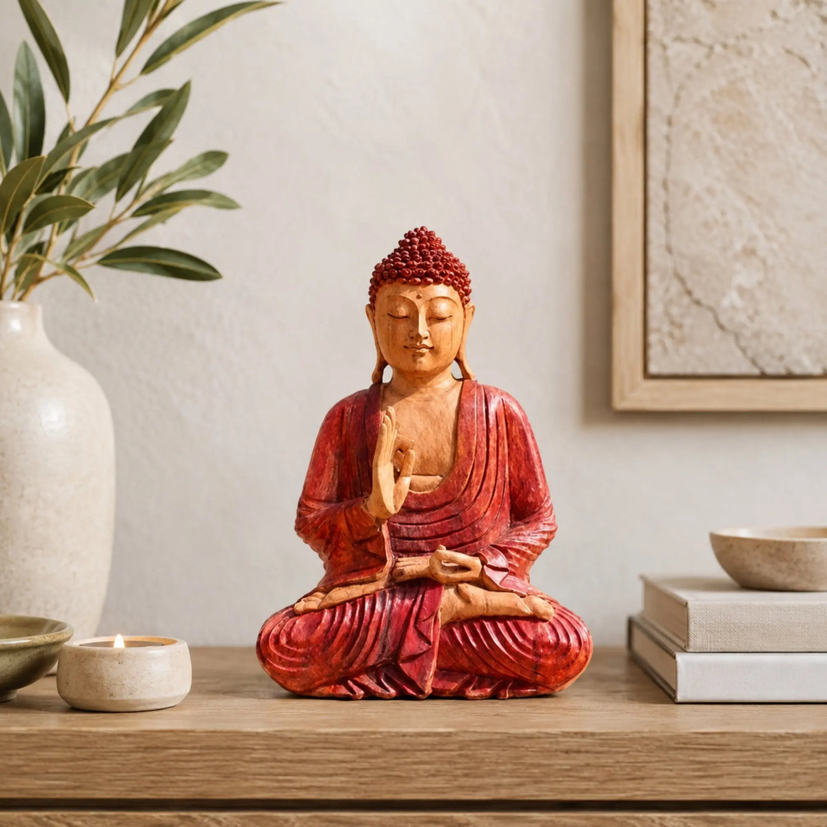 Statuette Bouddha Assis en Bois de Suar Sculptée à la Main – 30 cm Hand Carved Buddha Statue La Maison de Bouddha