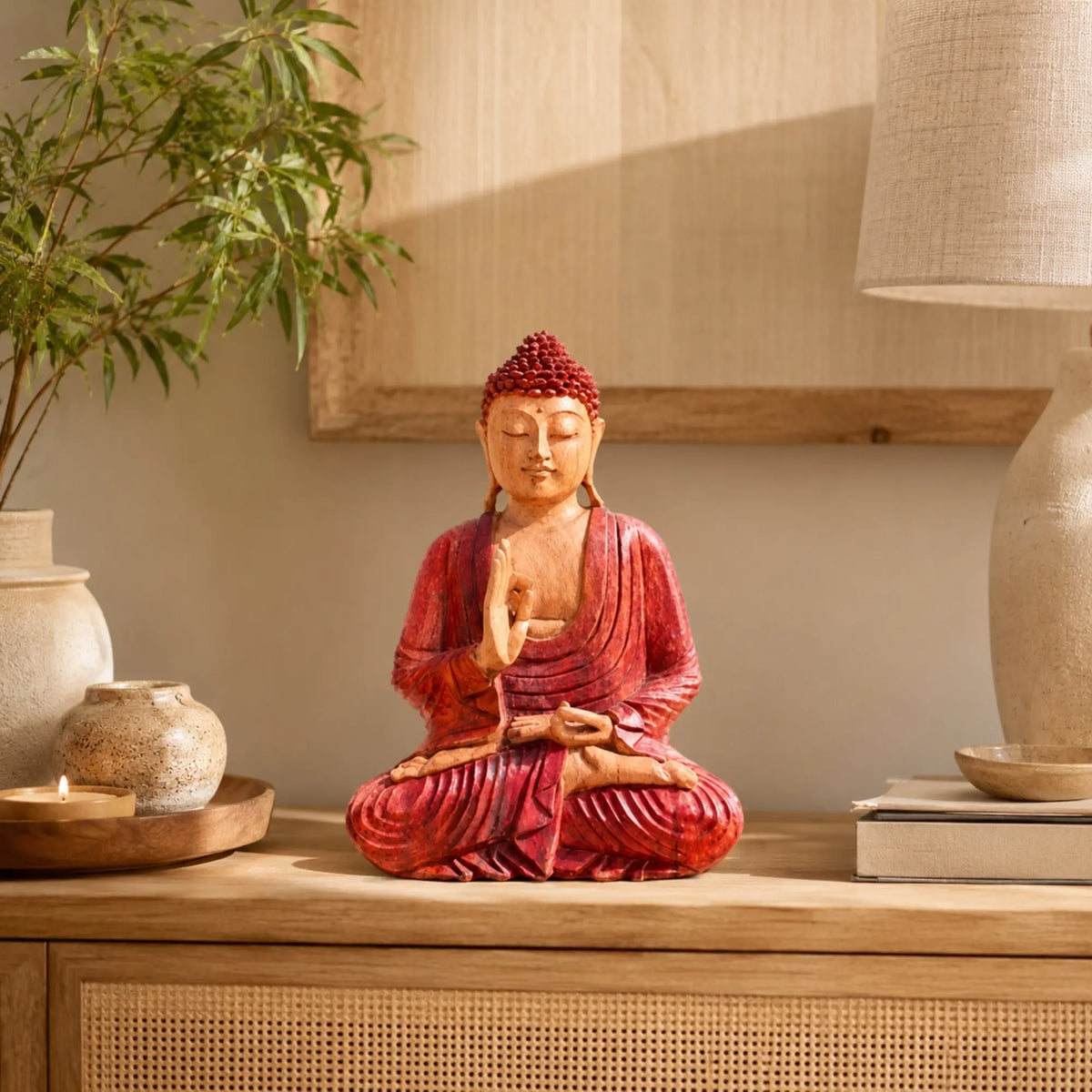 Statuette Bouddha Assis en Bois de Suar Sculptée à la Main – 30 cm Hand Carved Buddha Statue La Maison de Bouddha