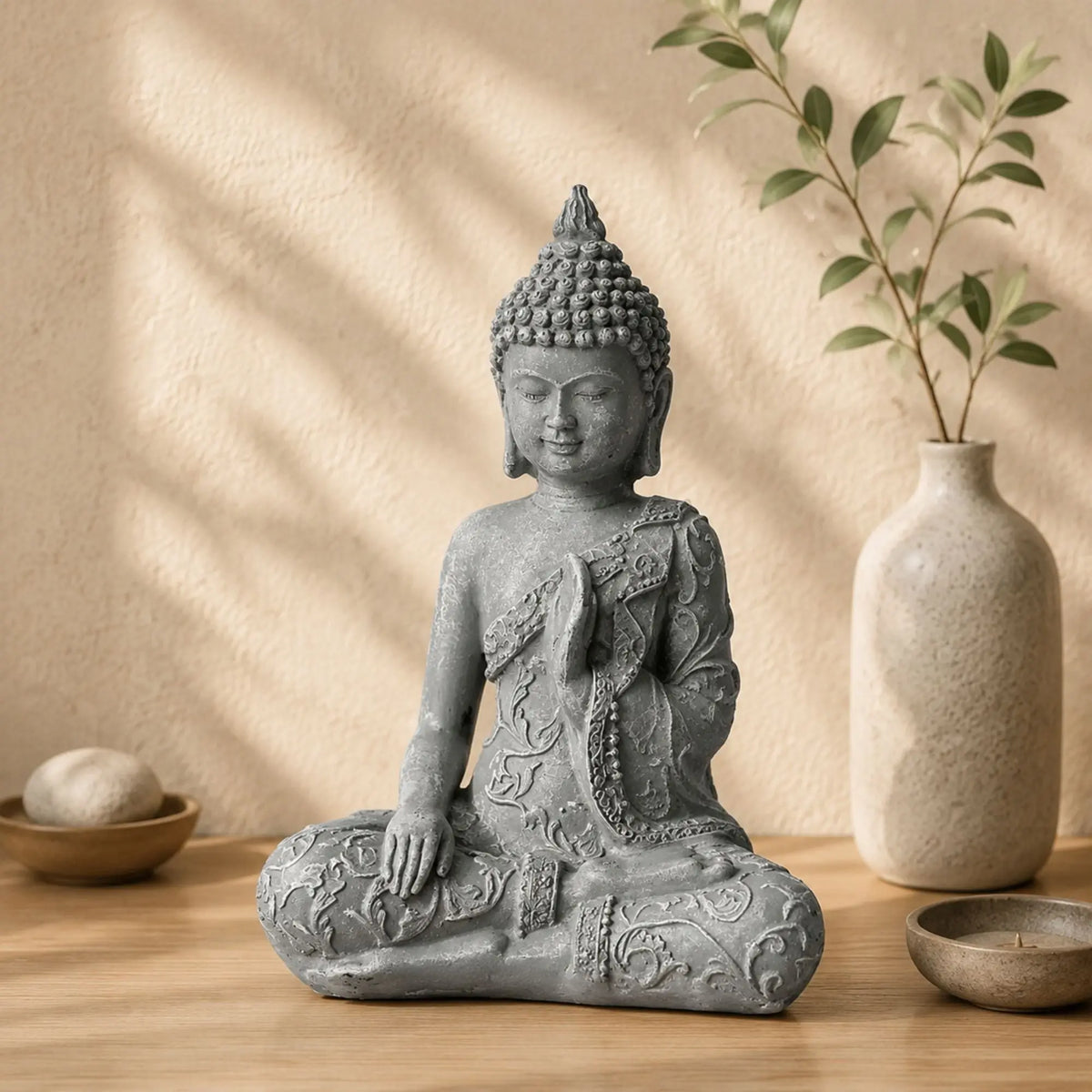 Vue de trois quarts de la statuette Bouddha assis en résine grise dans un décor zen naturel
