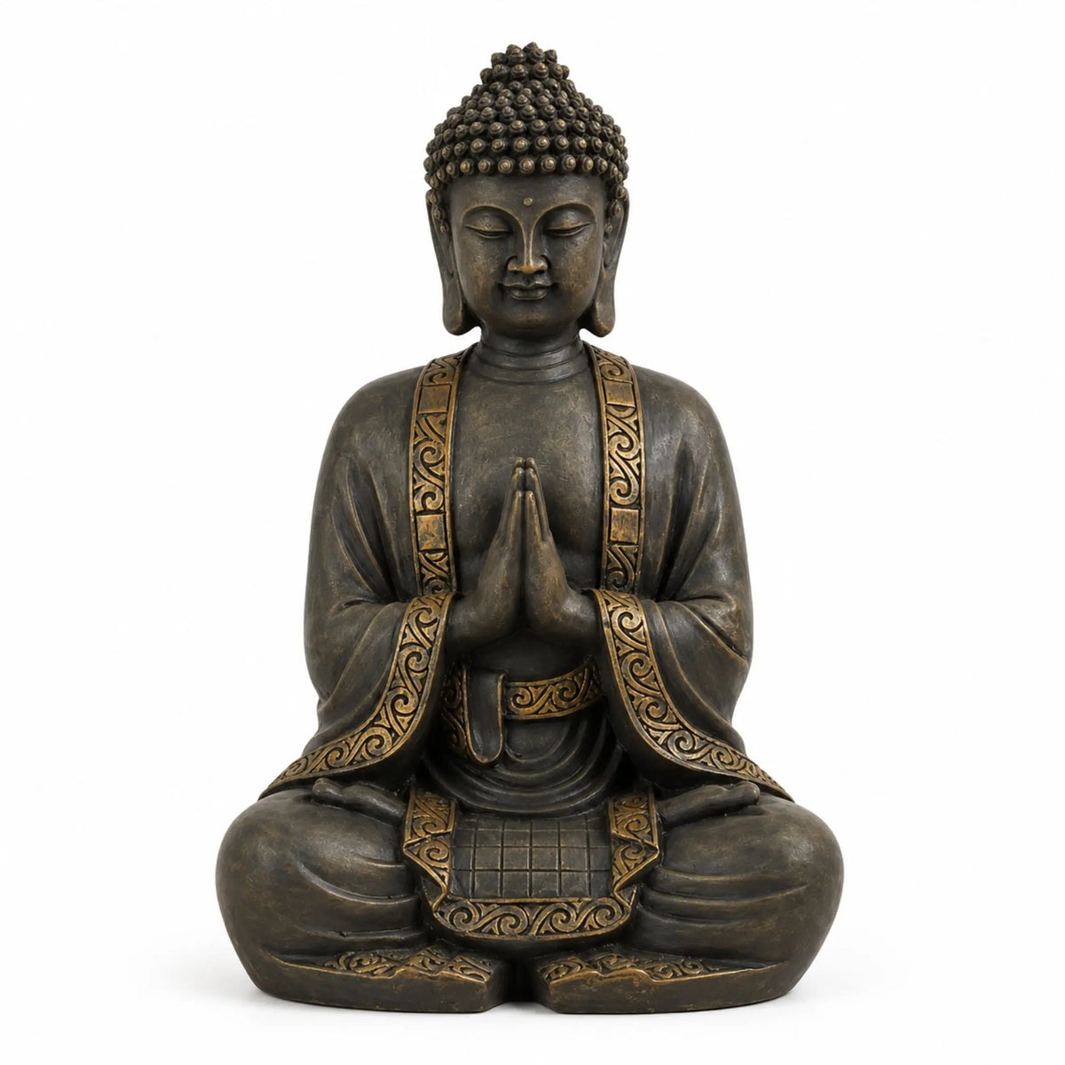 Statue Bouddha assis en résine patinée sombre et dorée – 40 cm