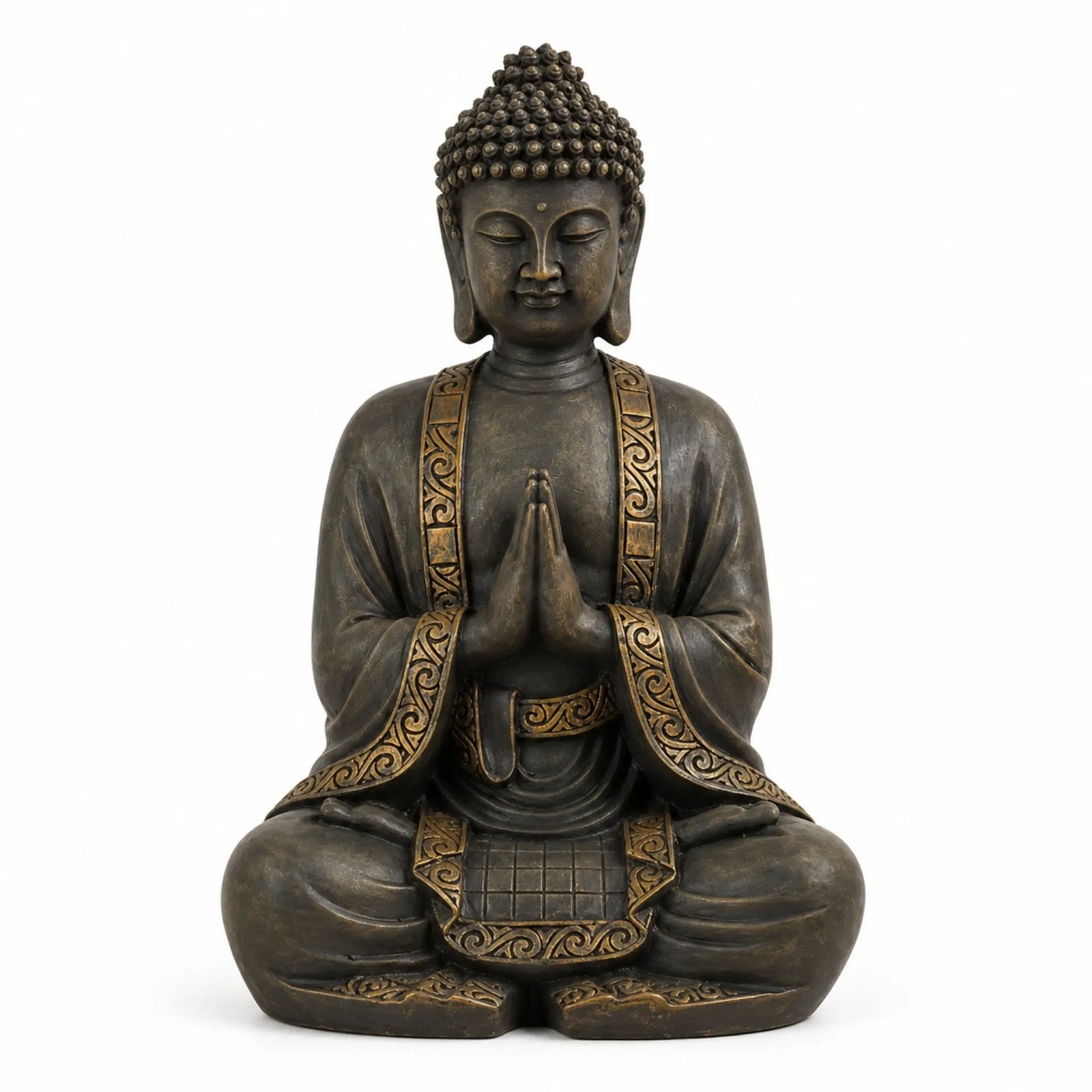 Statue Bouddha assis en résine patinée sombre et dorée – 40 cm