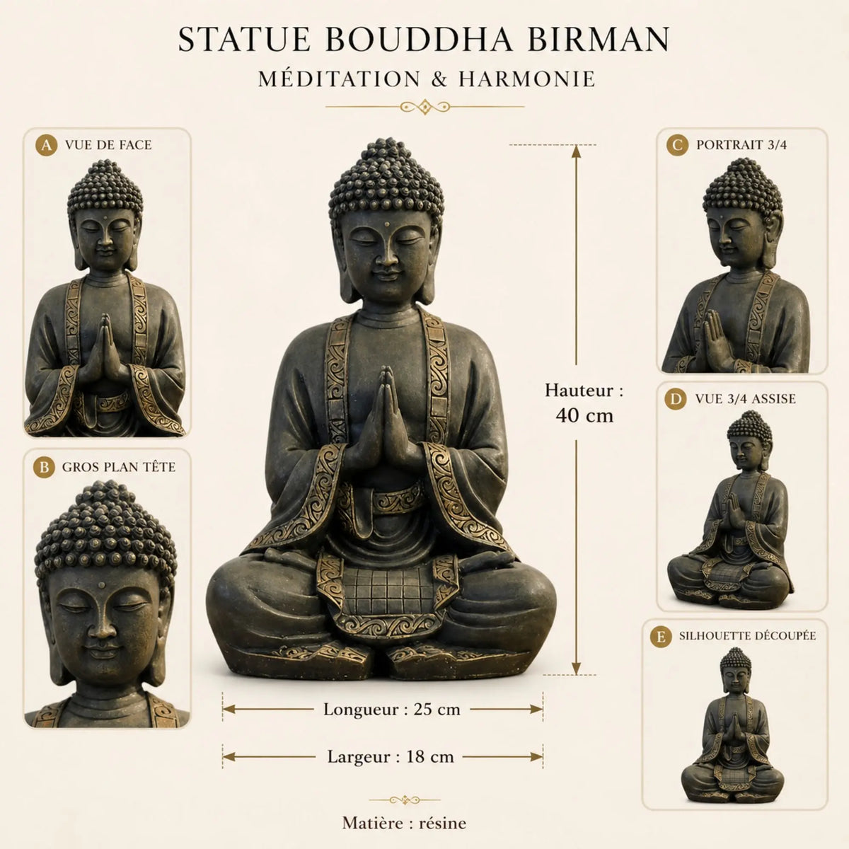 Statue Bouddha assis en résine patinée sombre et dorée – 40 cm-information-produit