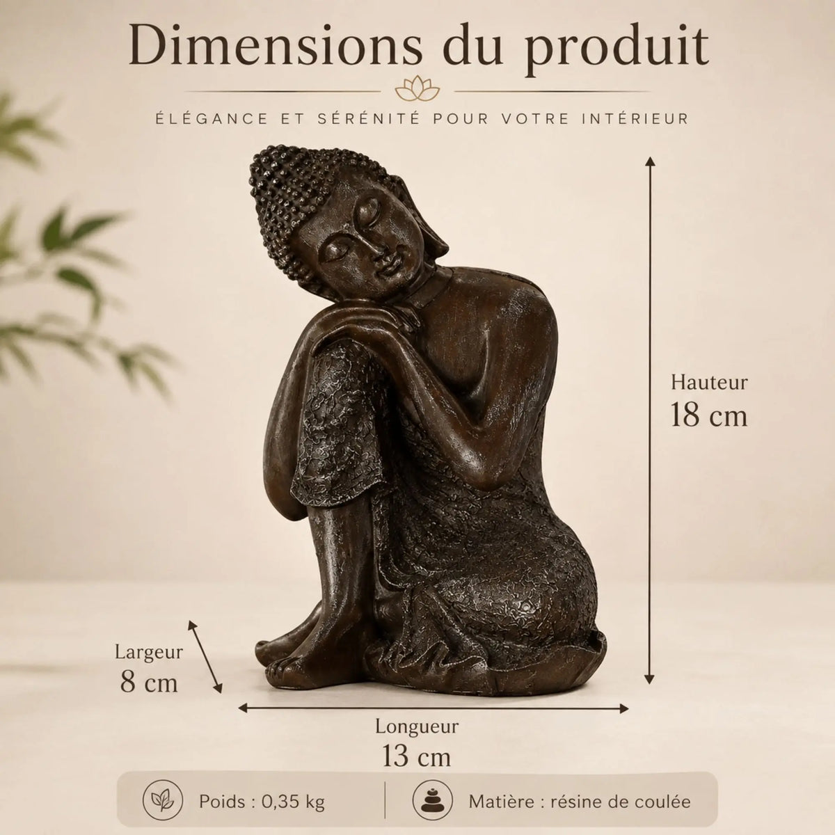 Dimensions de la statuette Bouddha Thaï Penseur – 13 x 8 x 18 cm