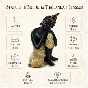 Statuette Bouddha Thaïlandais Penseur Noir et Or – 20 cm  La Maison de Bouddha