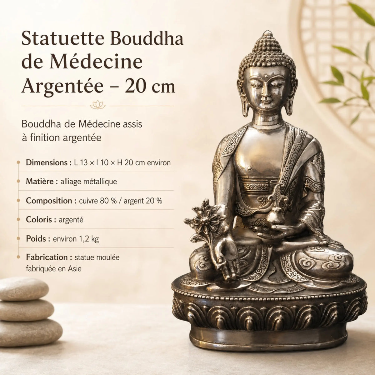 Statuette Bouddha de Médecine Argentée – 20 cm  La Maison de Bouddha