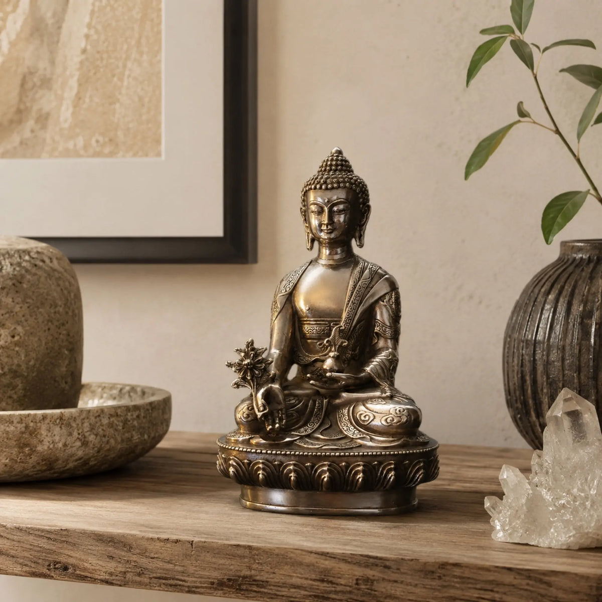 Statuette Bouddha de Médecine Argentée – 20 cm  La Maison de Bouddha