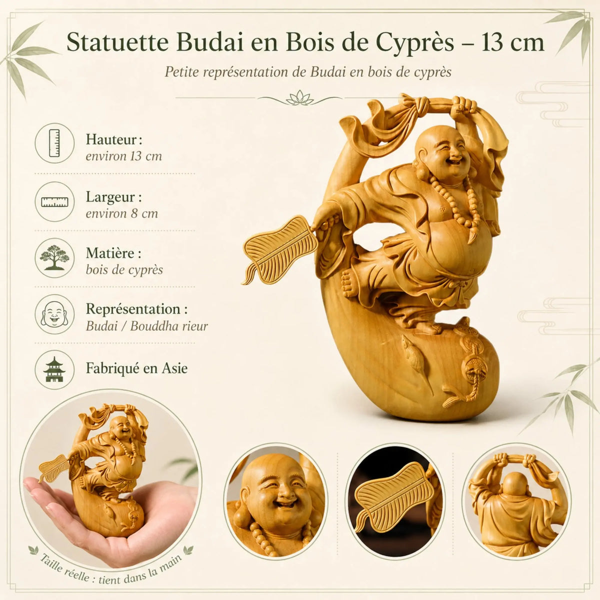 Statuette Budai en Bois de Cyprès – 13 cm | La Maison de Bouddha 200044142 La Maison de Bouddha