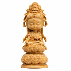 Statuette Guanyin Kawaii sur Lotus en Bois de Cyprès 200044142 La Maison de Bouddha