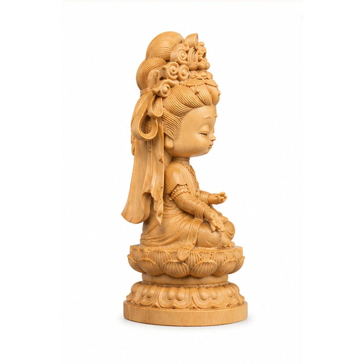 Statuette Guanyin Kawaii sur Lotus en Bois de Cyprès 200044142 La Maison de Bouddha