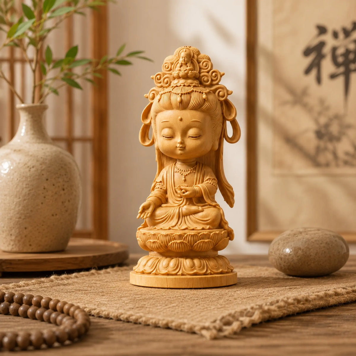 Statuette Guanyin Kawaii sur Lotus en Bois de Cyprès 200044142 La Maison de Bouddha