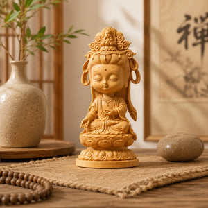 Statuette Guanyin Kawaii sur Lotus en Bois de Cyprès 200044142 La Maison de Bouddha