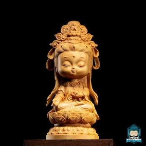 Statuette-Guanyin-kawaii-en-bois-sculpte-assis-sur-Lotus-image-de-devant-La-Maison-de-Bouddha