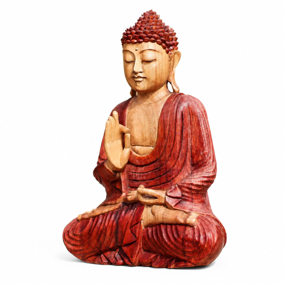 Statuette Bouddha assis en bois de Suar sculptée à la main – 30 cm vue de gauche