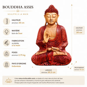 Infographie de la statuette Bouddha assis en bois de Suar – hauteur environ 30 cm