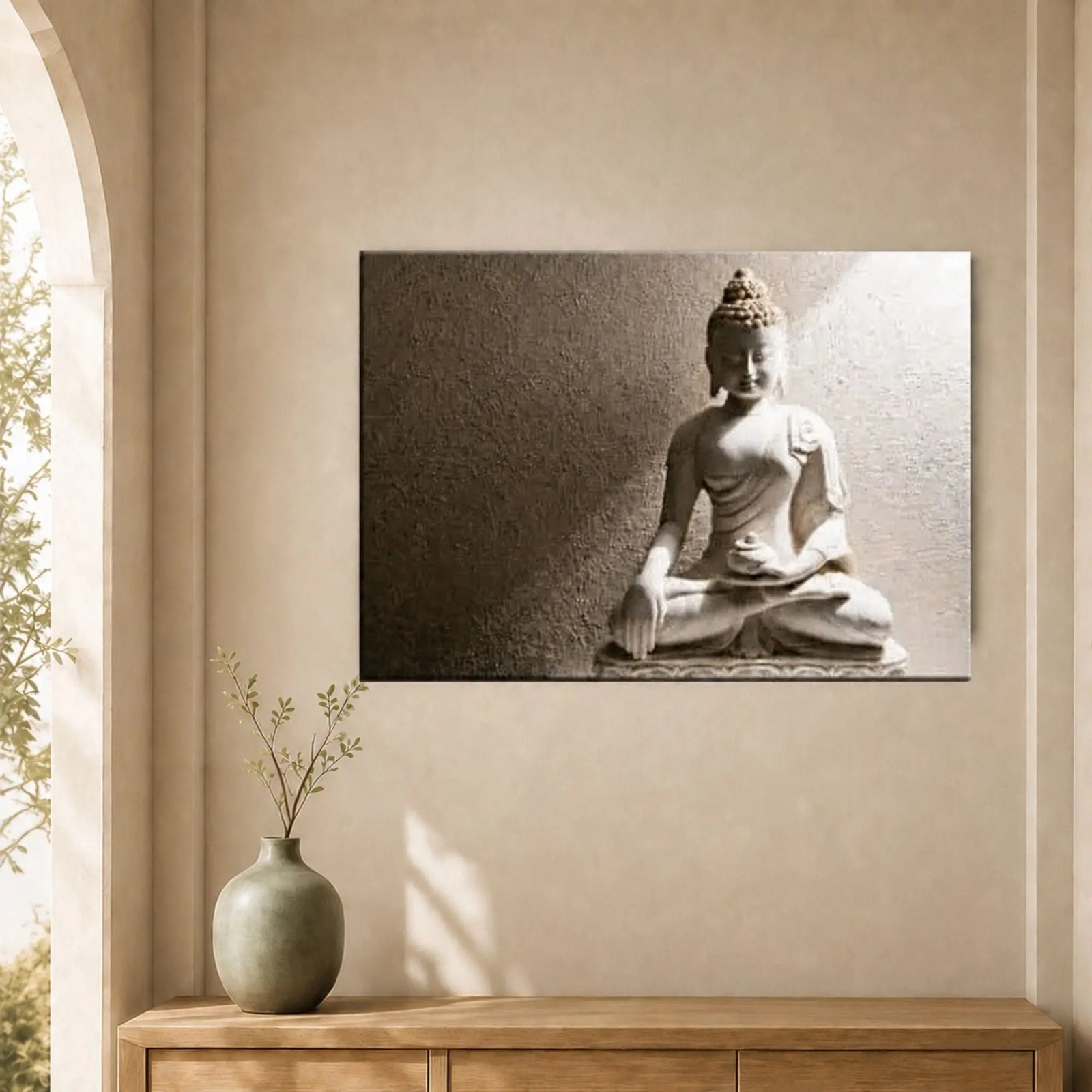 Tableau Bouddha Blanc Birman Offrande sur un mur beige, au-dessus d’un buffet en bois clair accompagné d’un vase