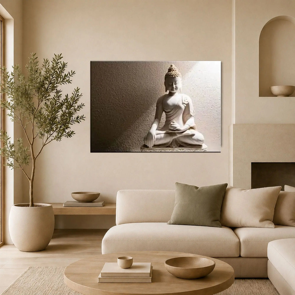 Tableau Bouddha Blanc Birman Offrande, représentant un Bouddha en pierre, présentée dans un salon beige au-dessus du canapé