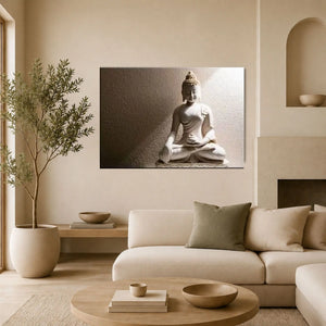 Tableau Bouddha Blanc Birman Offrande, représentant un Bouddha en pierre, présentée dans un salon beige au-dessus du canapé
