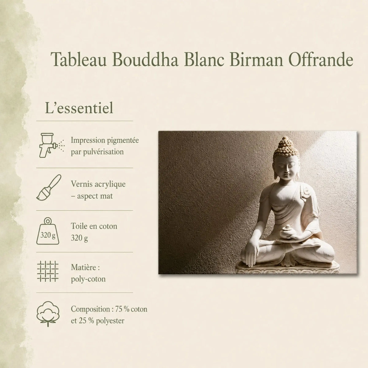 Infographie du Tableau Bouddha Blanc Birman Offrande : impression pigmentée, finition mate, 320 g, 75 % coton et 25 % polyester