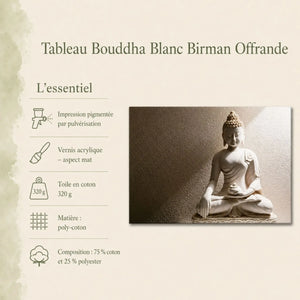 Infographie du Tableau Bouddha Blanc Birman Offrande : impression pigmentée, finition mate, 320 g, 75 % coton et 25 % polyester