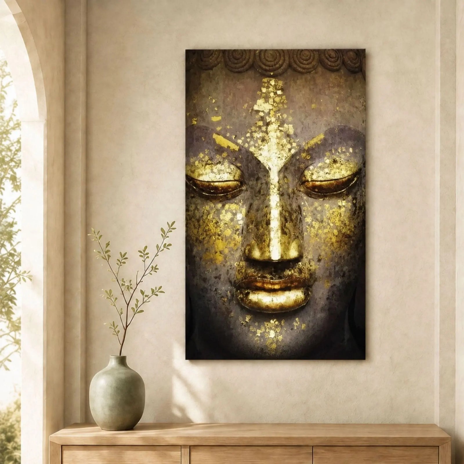 Tableau Bouddha Or exposé au-dessus d’un meuble en bois clair avec vase vert sauge
