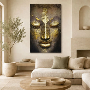 Tableau Bouddha Or présenté dans un salon zen aux tons beige et bois clair