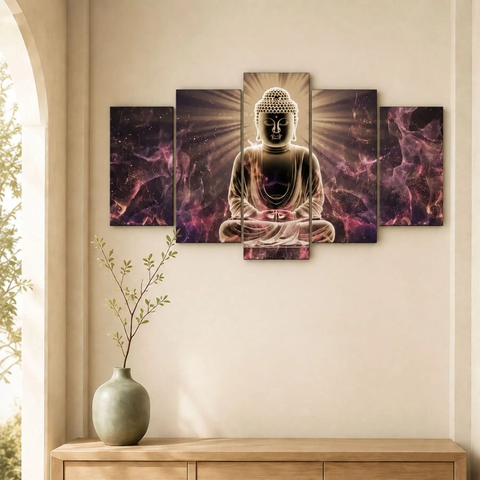 Tableau Bouddha Relief illuminé au-dessus d’un buffet en bois clair