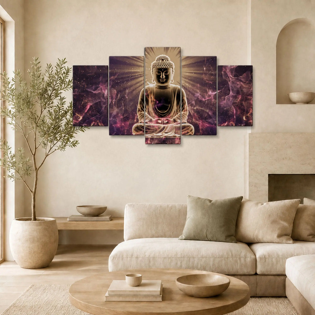 Tableau Bouddha Relief illuminé présenté dans un salon zen