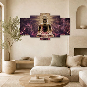 Tableau Bouddha Relief illuminé présenté dans un salon zen