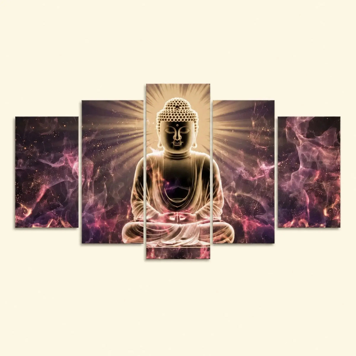 Tableau Bouddha Relief illuminé en cinq panneaux – vue principale