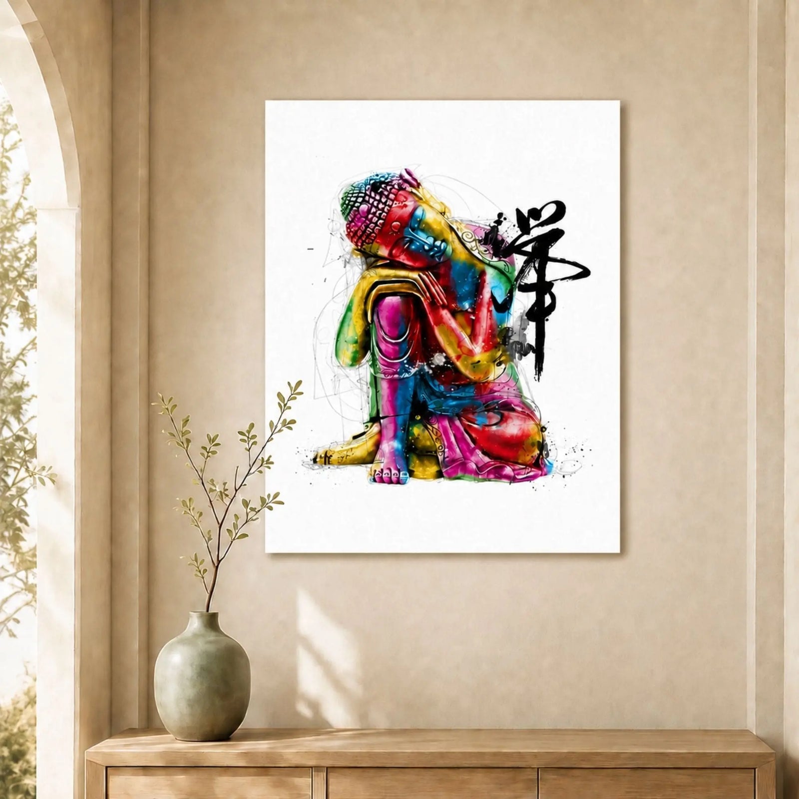 Tableau de Bouddha Art multicolore sur un mur beige, au-dessus d’un buffet en bois clair avec un vase
